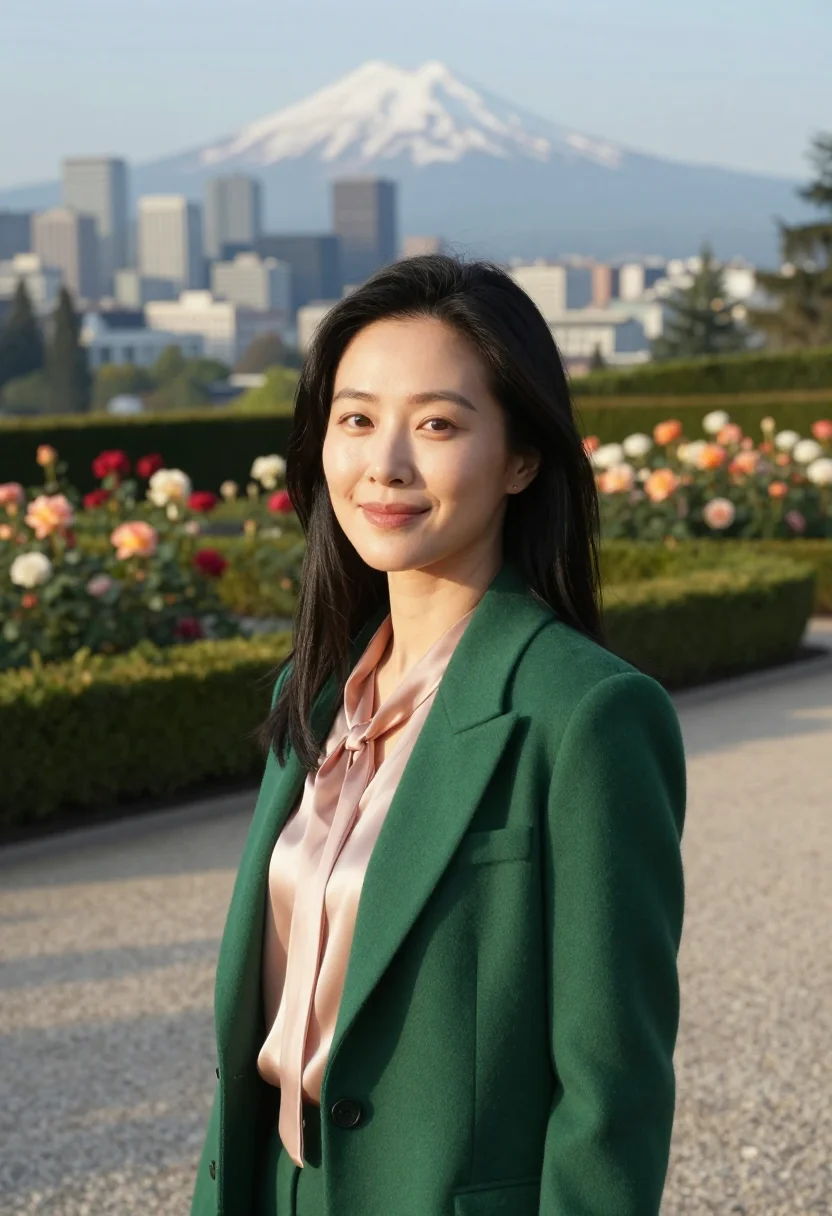 AI portland rose garden curator palette sample — portrait of a woman, Korean-American, in her early thirties,