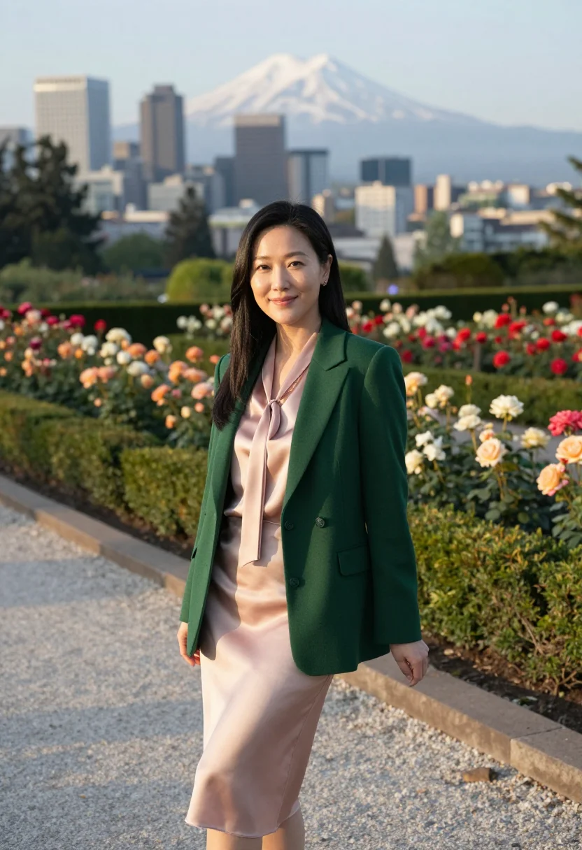 AI portland rose garden curator palette sample — portrait of a woman, Korean-American, in her early thirties,
