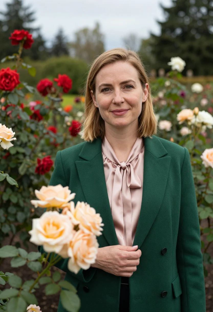 AI portland rose garden curator palette sample — portrait of a woman, of English descent, in her late thirtie