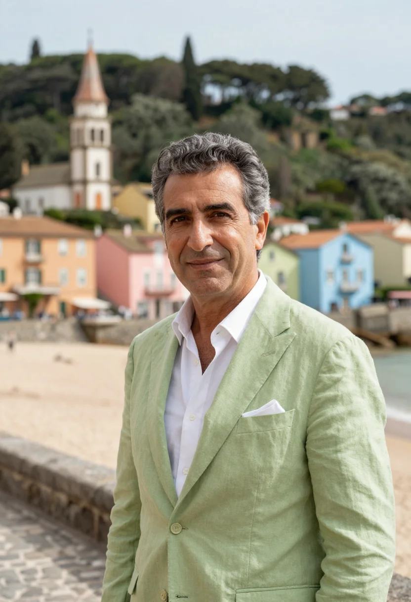AI portmeirion hotelier pastel palette sample — portrait of a man, framed tight, head and shoulders, the bod