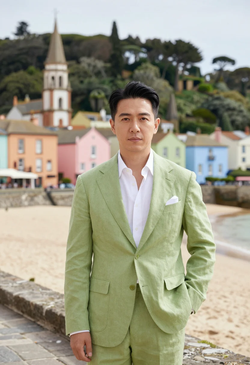 AI portmeirion hotelier pastel palette sample — portrait of a man, framed half-length from the head to the h