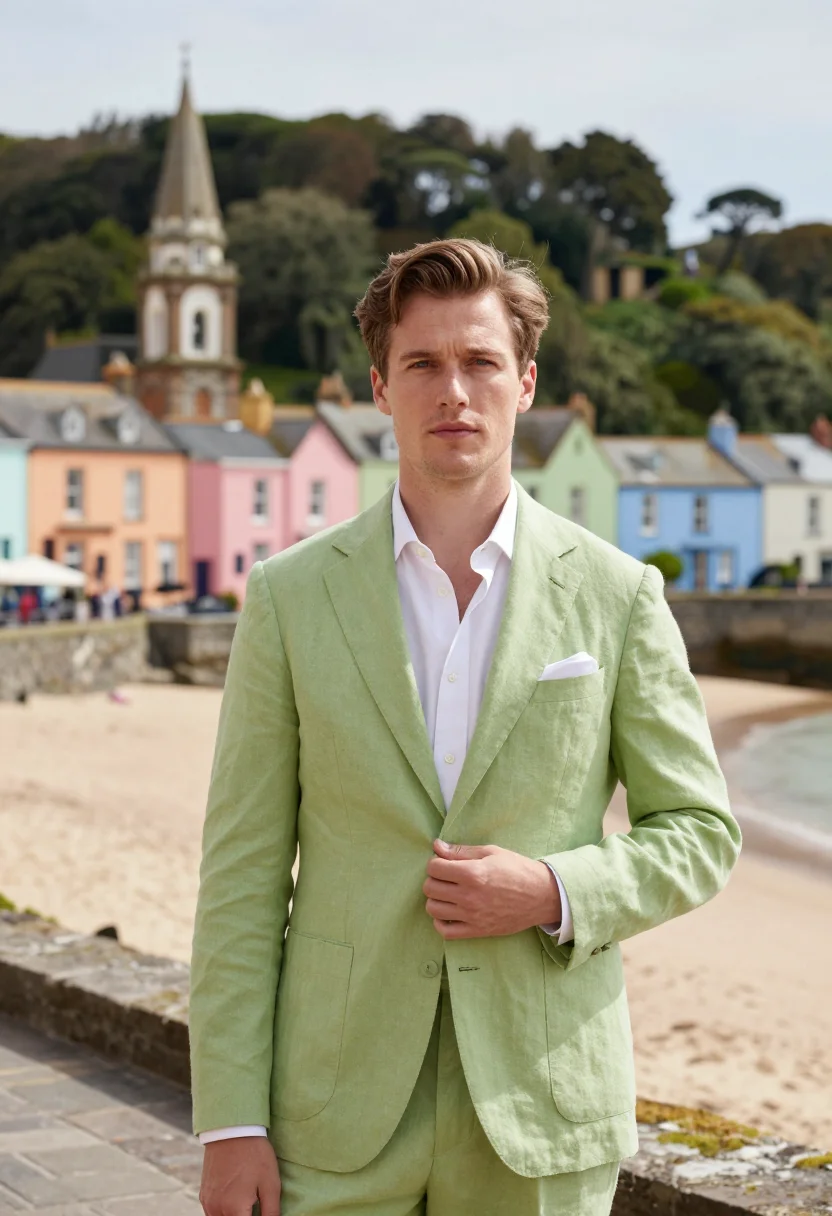 AI portmeirion hotelier pastel palette sample — portrait of a man, framed chest-up, cropped at the ribs, the