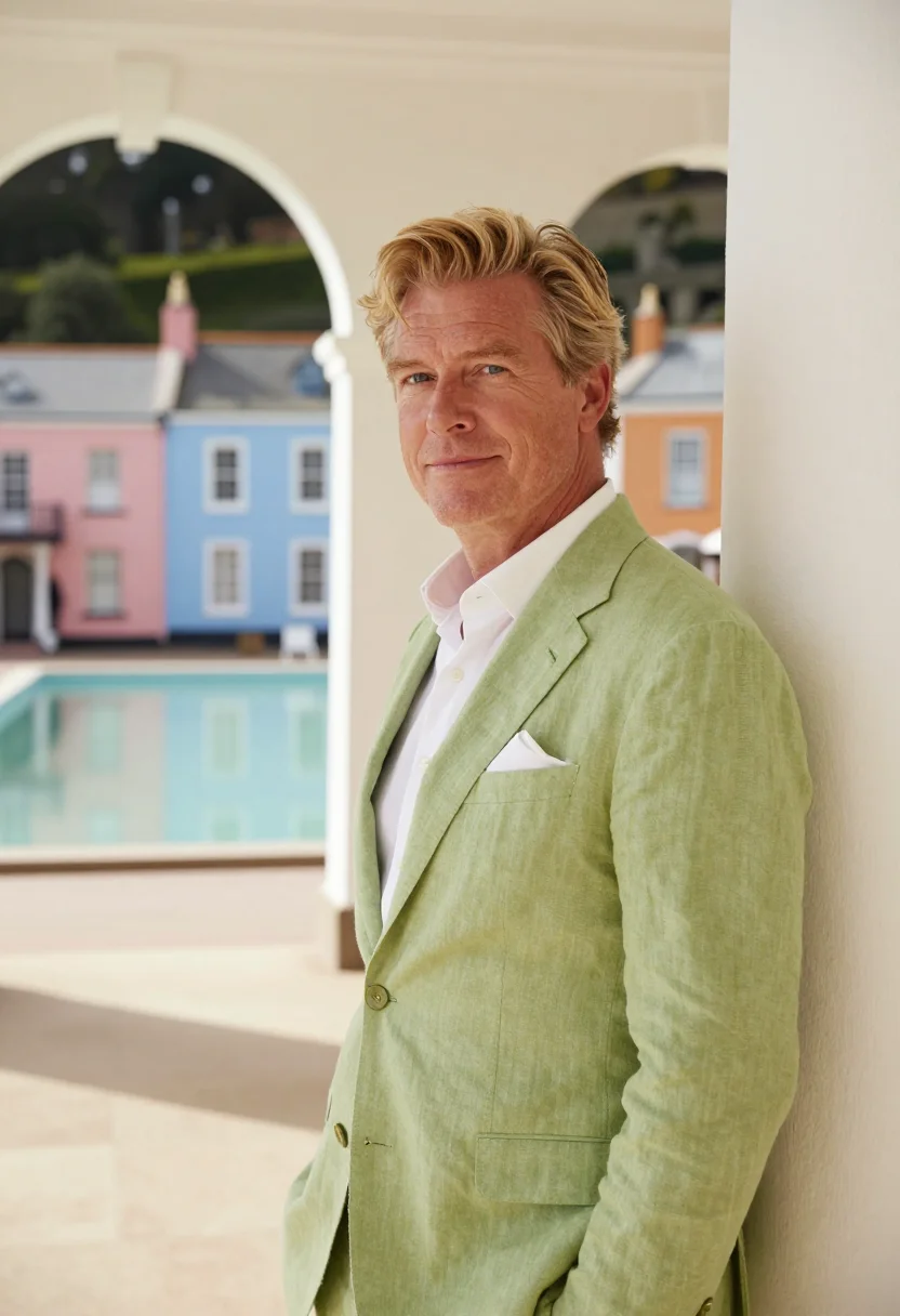 AI portmeirion hotelier pastel palette sample — portrait of a man, framed tight, head and shoulders, the bod