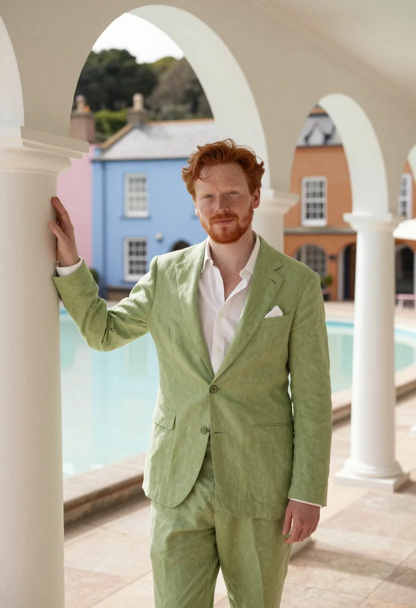 AI portmeirion hotelier pastel palette sample — portrait of a man, framed half-length from the head to the h
