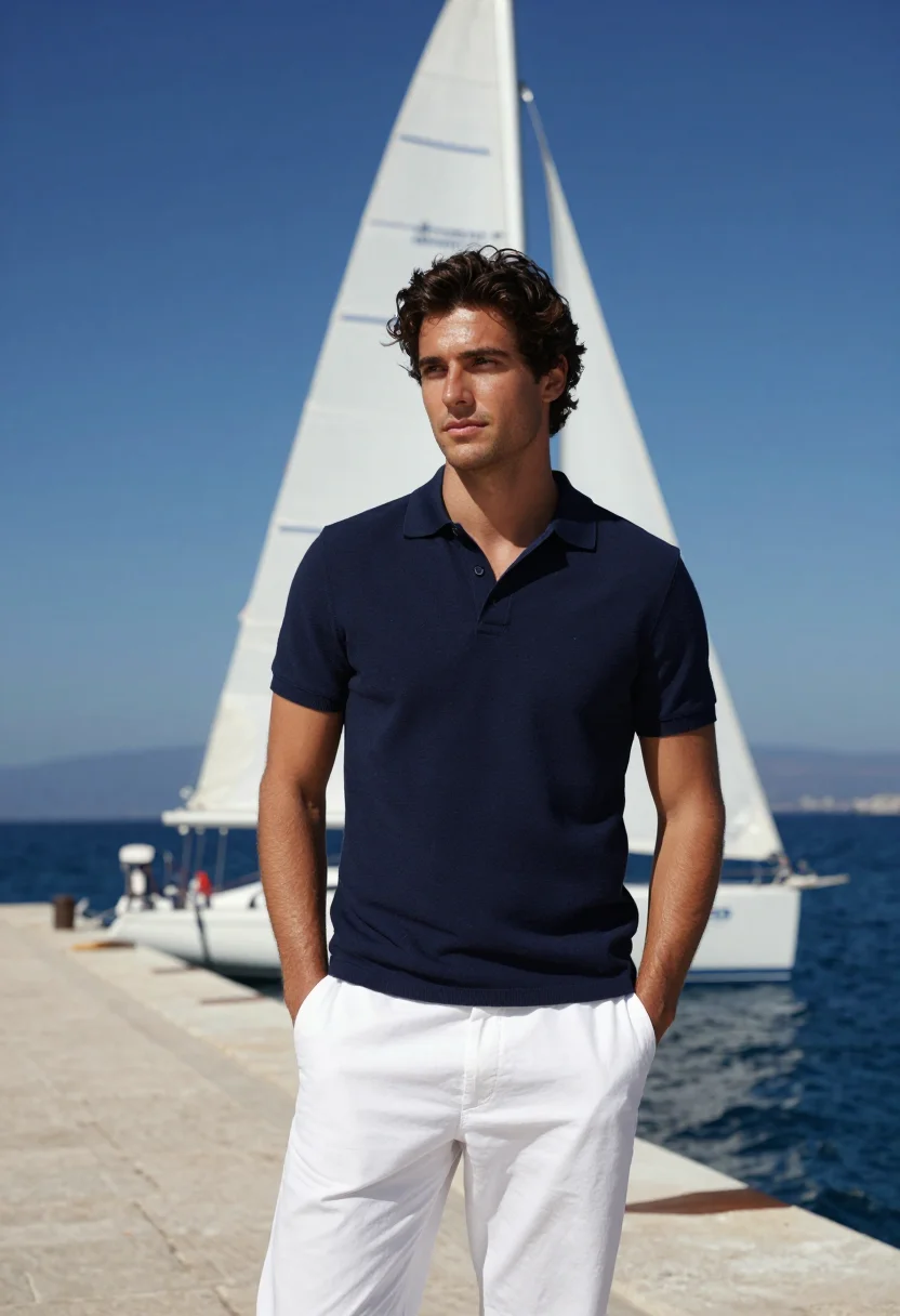 AI porto cervo maxi yacht navy white sample — portrait of a man, a regatta guest in his late twenties with