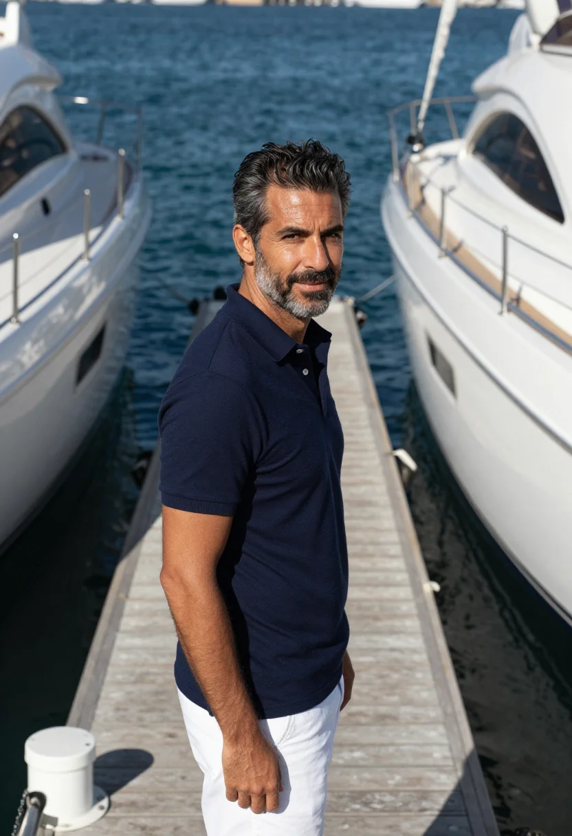 AI porto cervo maxi yacht navy white sample — portrait of a man, a regatta guest in his forties with tanne
