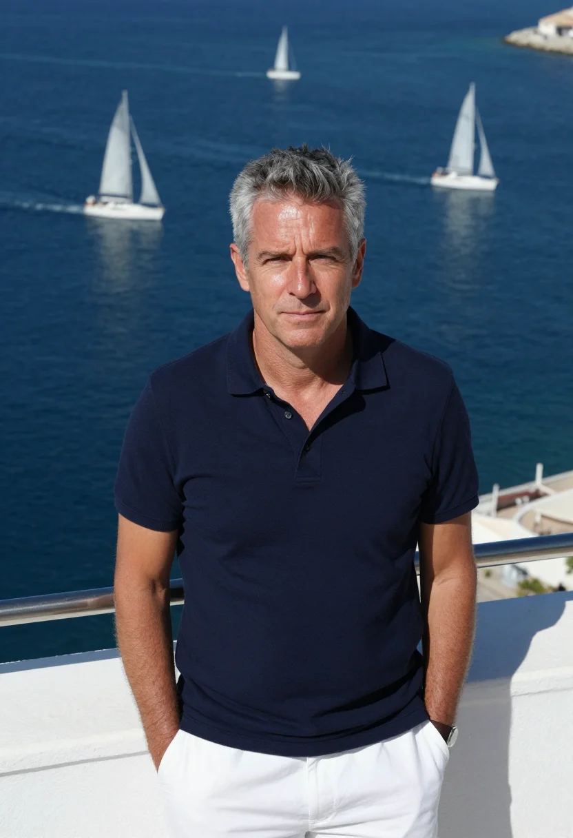 AI porto cervo maxi yacht navy white sample — portrait of a man, a regatta guest in his forties with fair