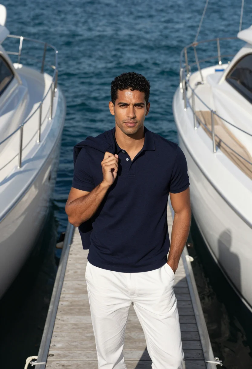 AI porto cervo maxi yacht navy white sample — portrait of a man, a regatta guest in his early thirties wit