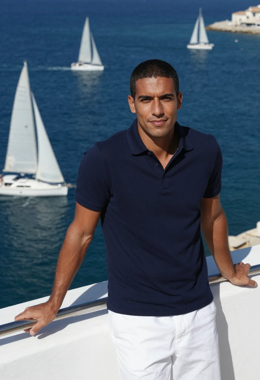 AI porto cervo maxi yacht navy white sample — portrait of a man, a regatta guest in his early thirties wit