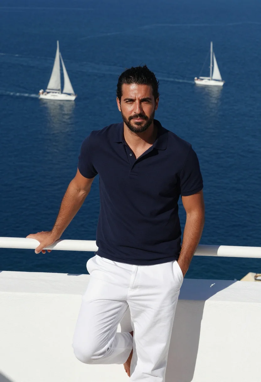 AI porto cervo maxi yacht navy white sample — portrait of a man, a regatta guest in his mid-thirties with