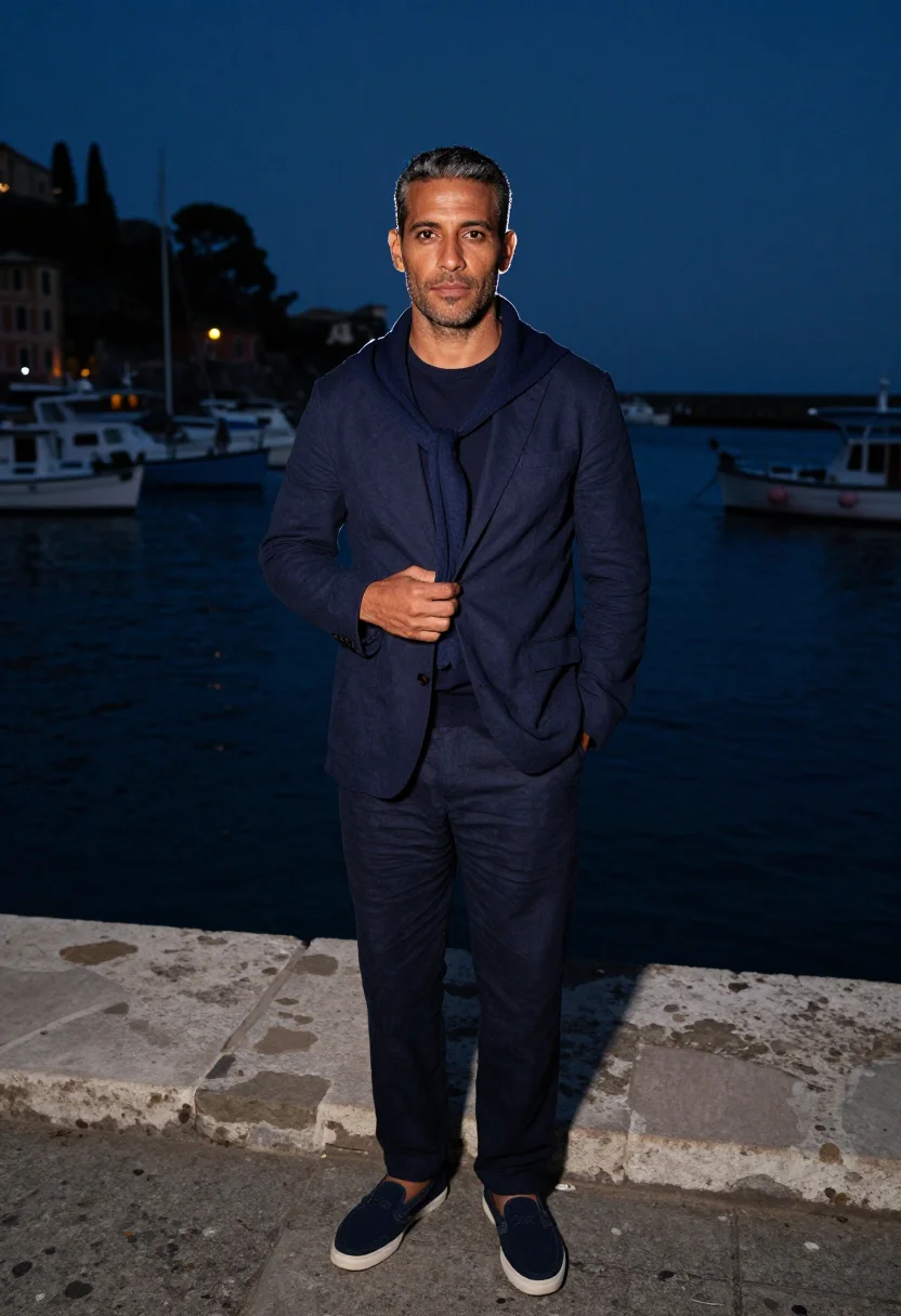 AI portofino navy sample — portrait of a man, three-quarter-length portrait of a Latin-