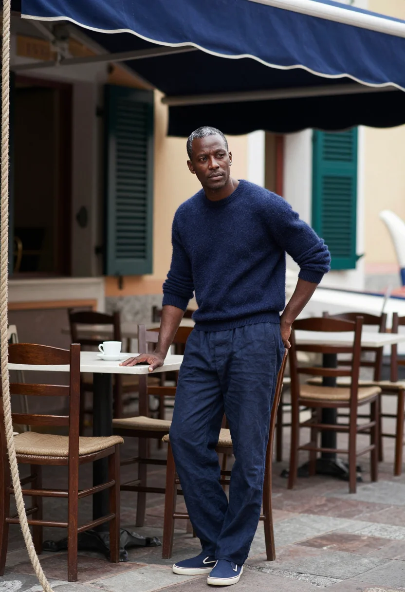AI portofino navy sample — portrait of a man, full-length portrait of a Black man with
