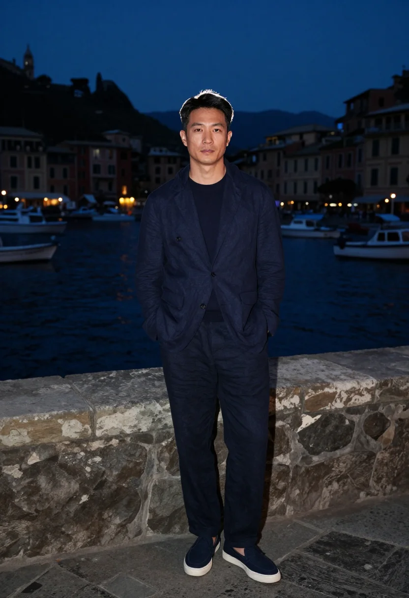 AI portofino navy sample — portrait of a man, full-length portrait of an East-Asian man