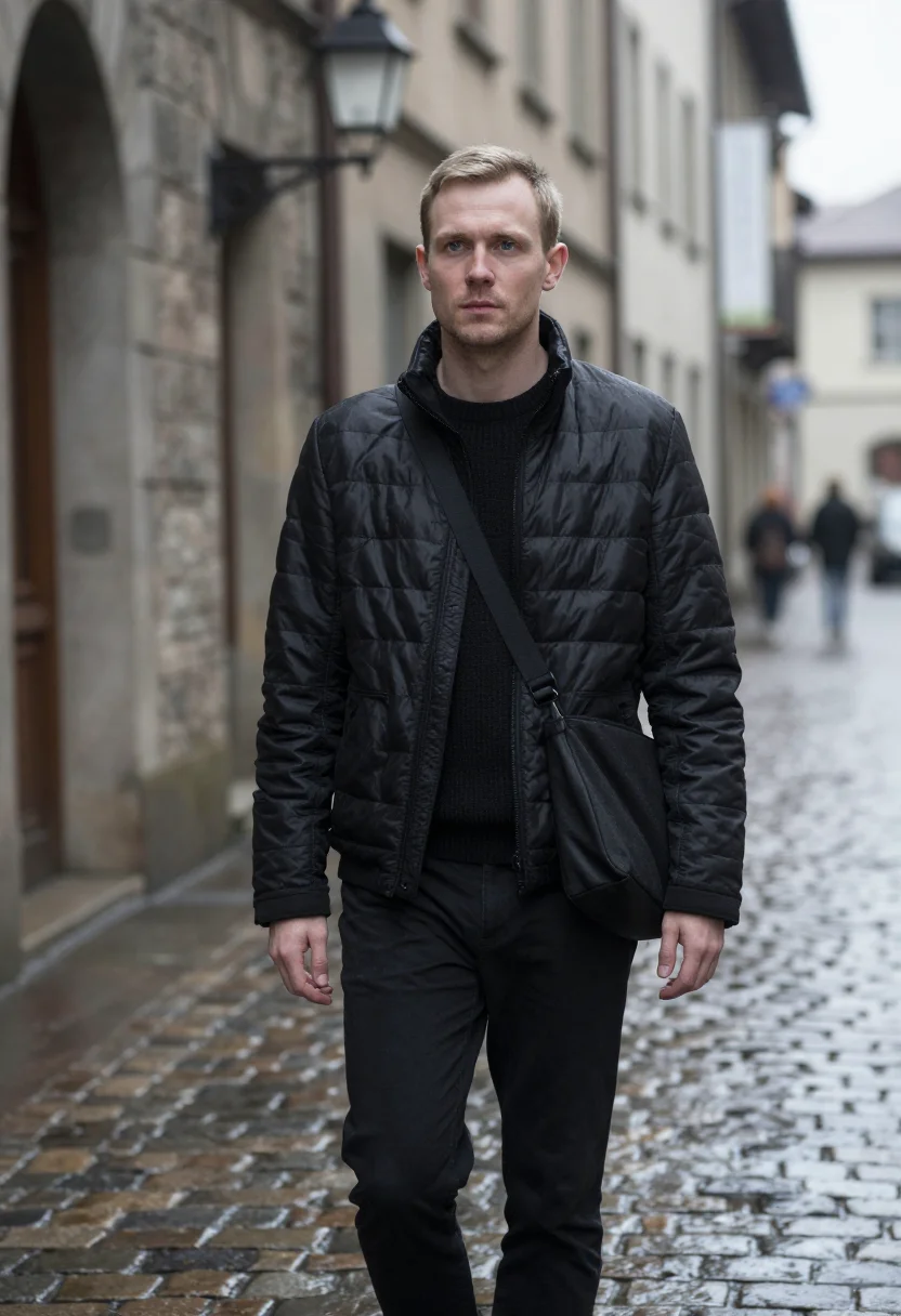 AI prada re nylon via della spiga black men sample — portrait of a man, a Swiss man in his mid-thirties with pale
