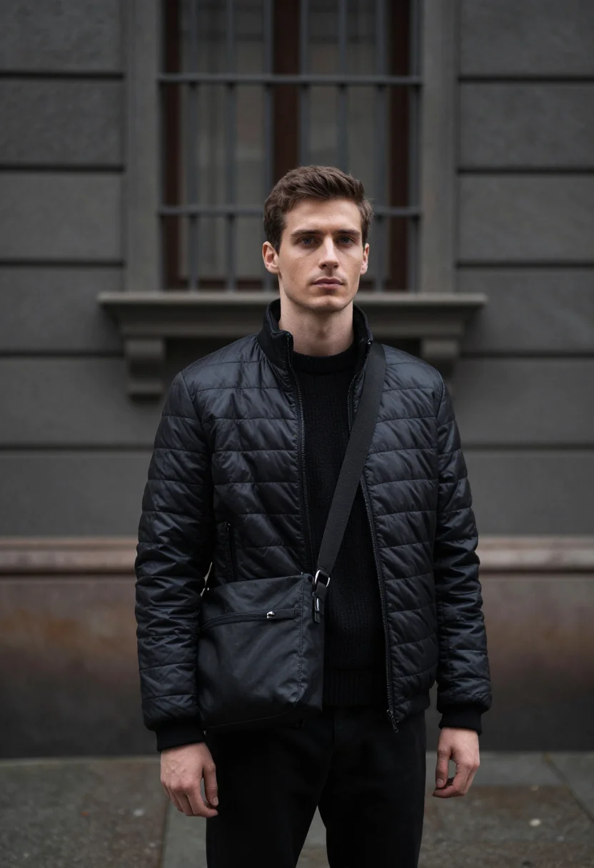 AI prada re nylon via della spiga black men sample — portrait of a man, a French man in his late twenties with fa