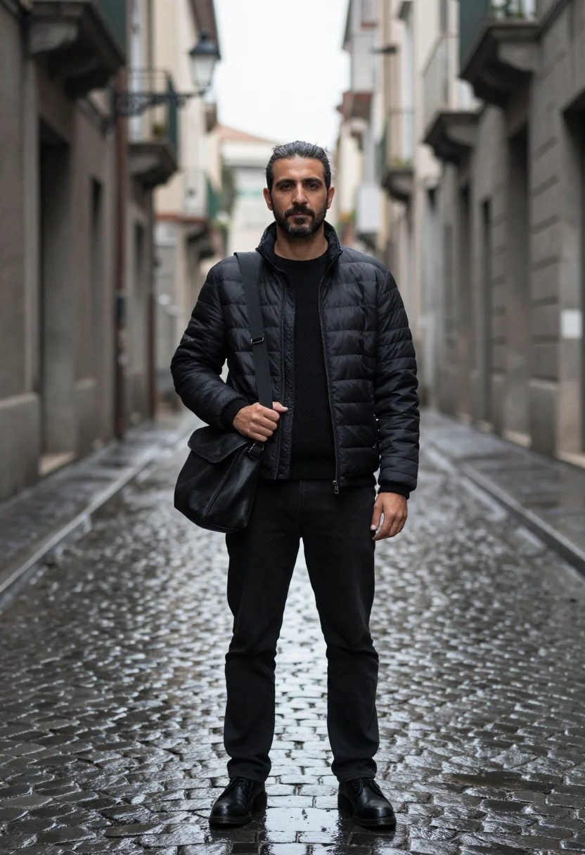 AI prada re nylon via della spiga black men sample — portrait of a man, a Neapolitan man in his late thirties wit