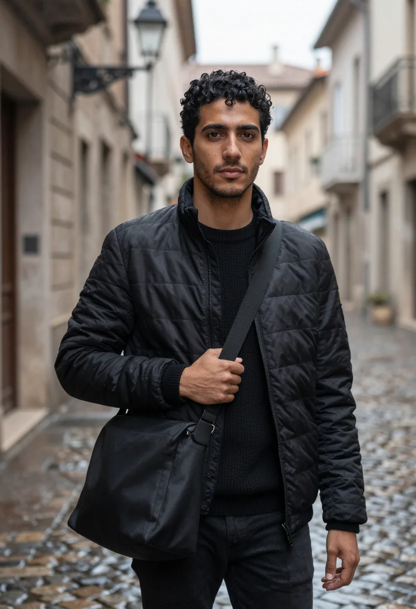 AI prada re nylon via della spiga black men sample — portrait of a man, a Sardinian man in his late twenties with