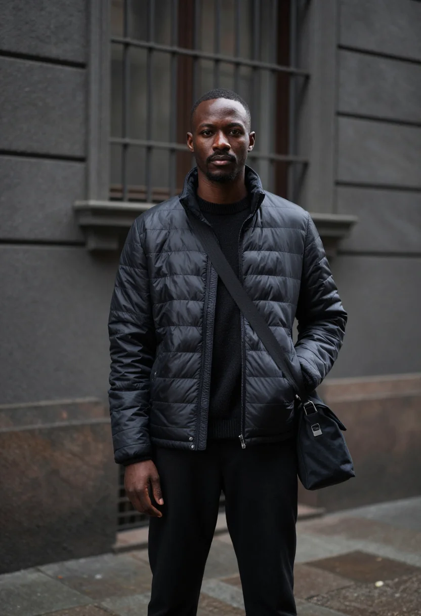 AI prada re nylon via della spiga black men sample — portrait of a man, a Senegalese-Italian man in his early thi