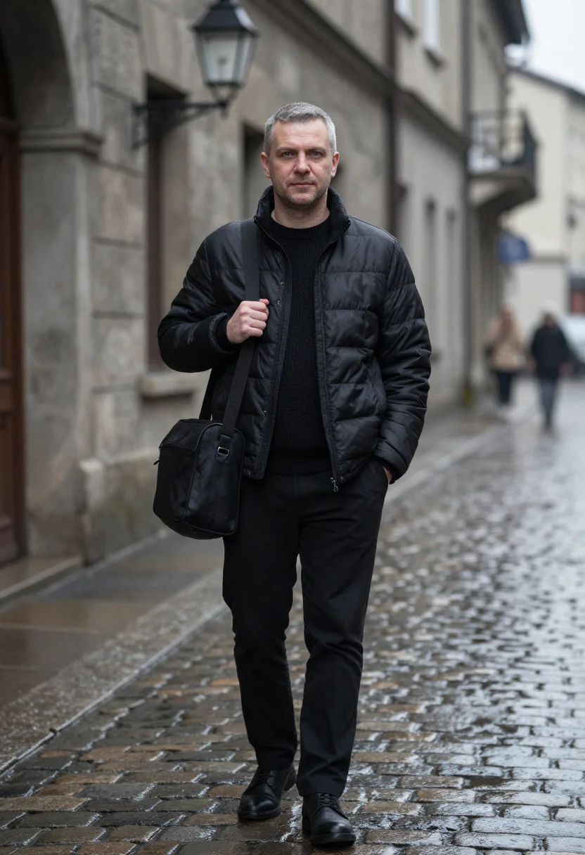 AI prada re nylon via della spiga black men sample — portrait of a man, a Polish man in his early forties with fa