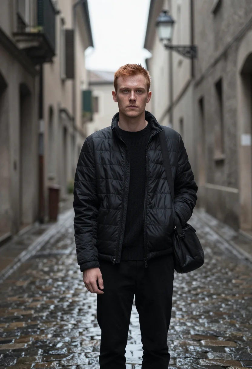 AI prada re nylon via della spiga black men sample — portrait of a man, an English man in his late twenties with