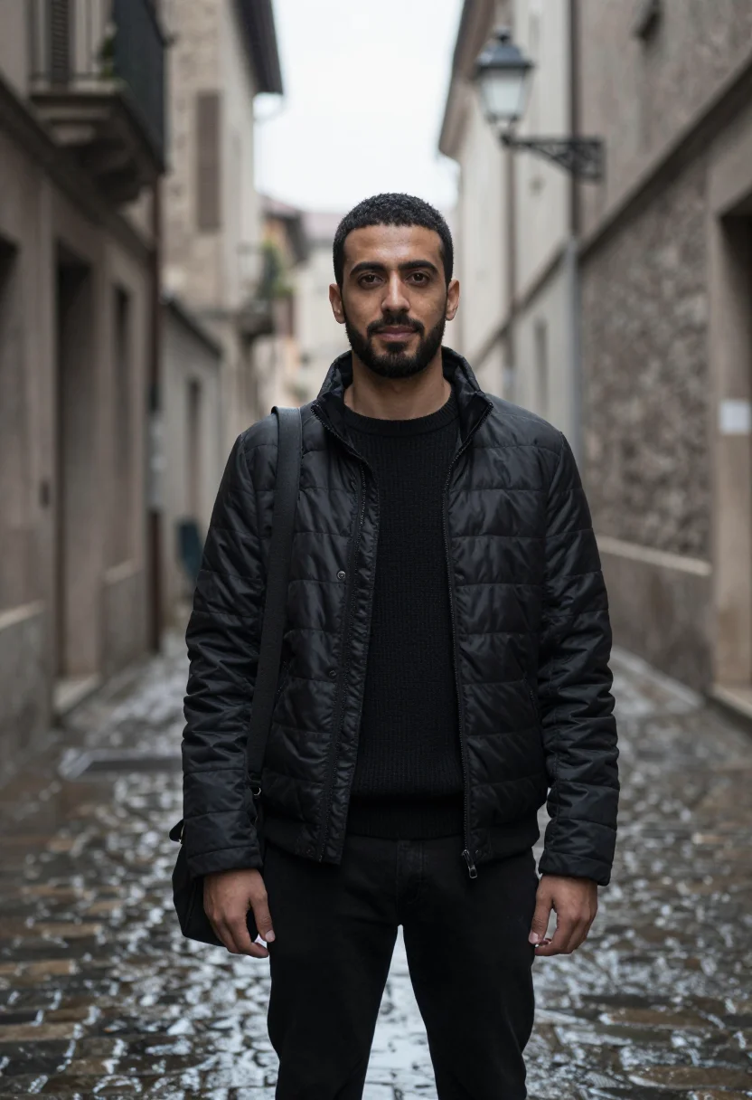 AI prada re nylon via della spiga black men sample — portrait of a man, a Moroccan-Italian man in his early thirt