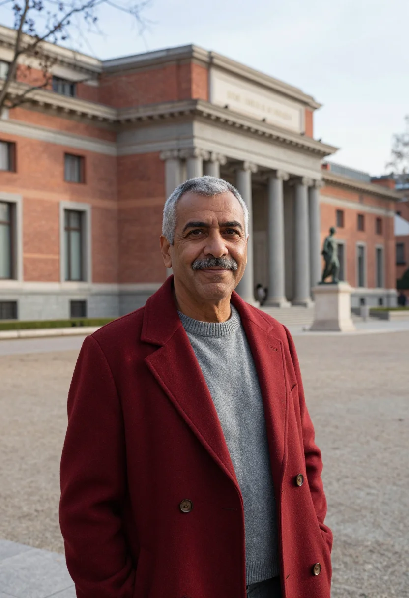 AI prado curator brick granite sample — portrait of a man, in his late fifties, a curator with olive