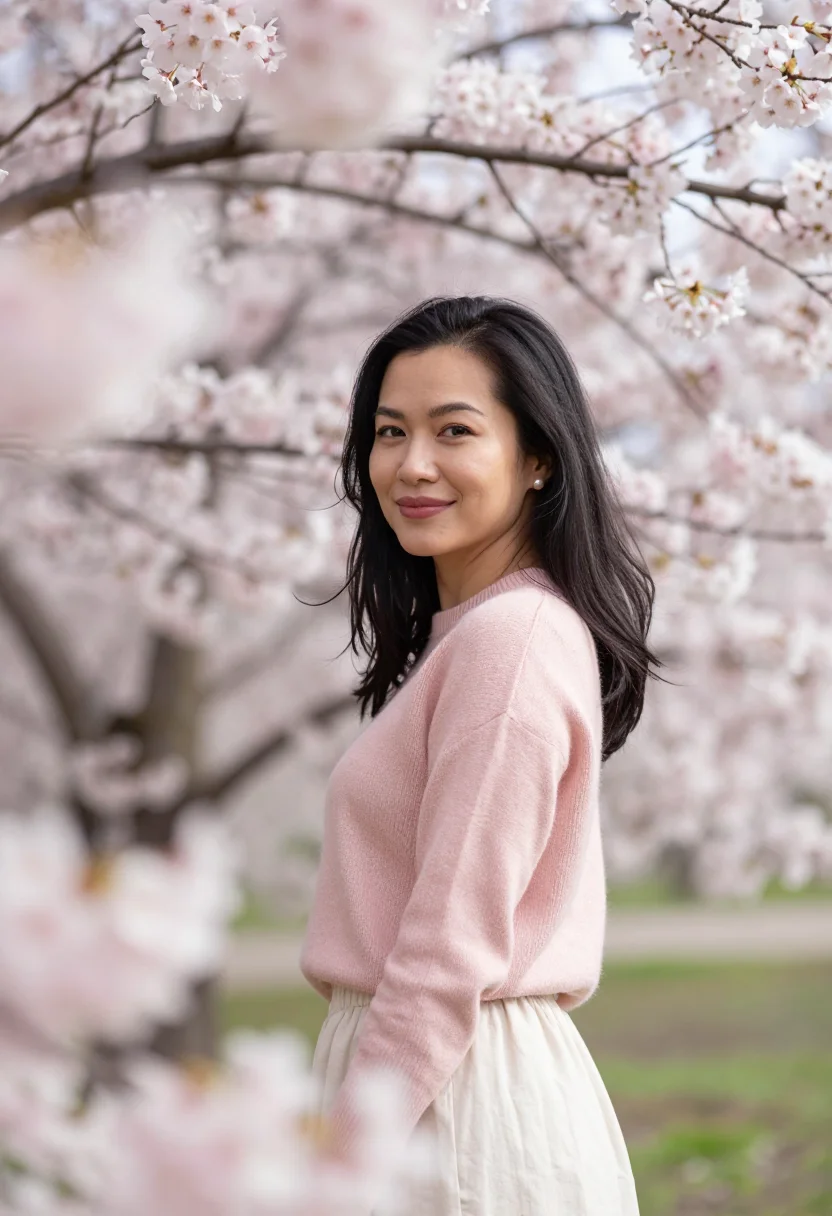 AI prague petrin cherry april pink date sample — portrait of a woman, a woman in her mid-twenties of Vietname