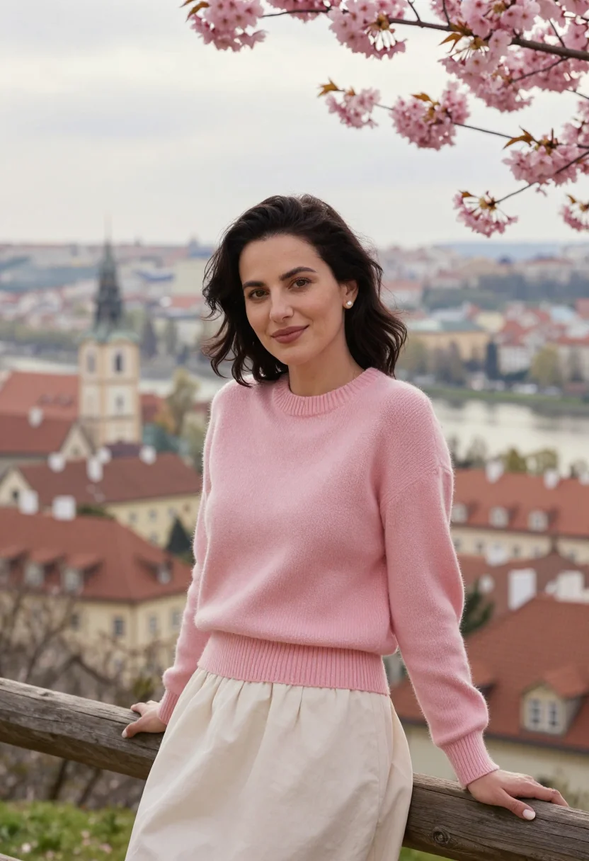 AI prague petrin cherry april pink date sample — portrait of a woman, a woman in her late twenties of Hungari