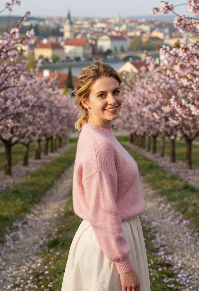 AI prague petrin cherry april pink date sample — portrait of a woman, a woman in her late twenties of Austria