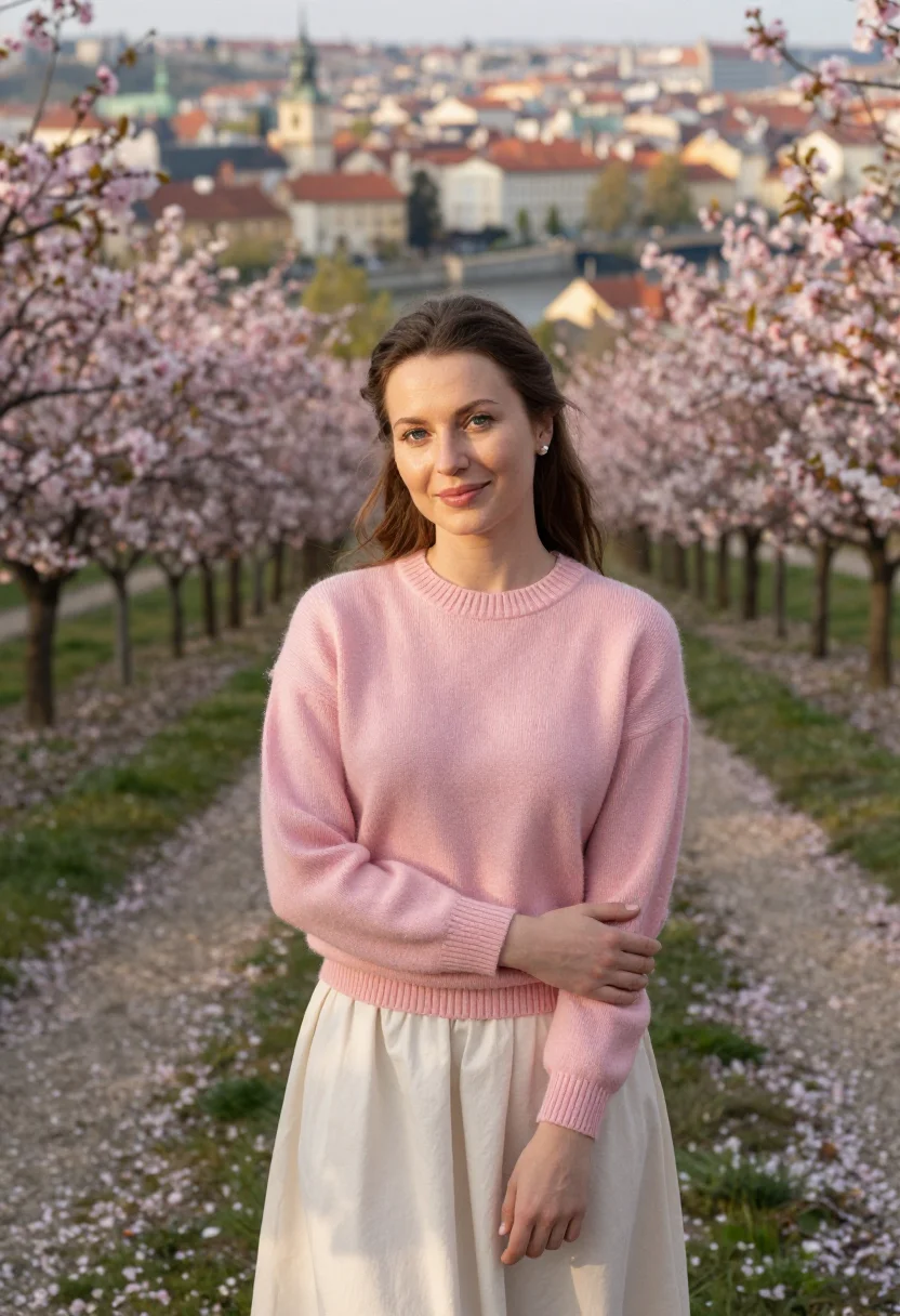 AI prague petrin cherry april pink date sample — portrait of a woman, a woman in her early thirties of Ukrain