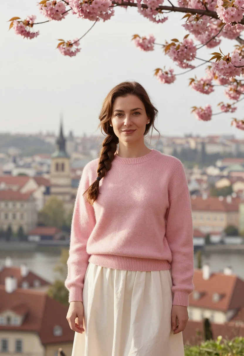AI prague petrin cherry april pink date sample — portrait of a woman, a woman in her mid-thirties of Croatian