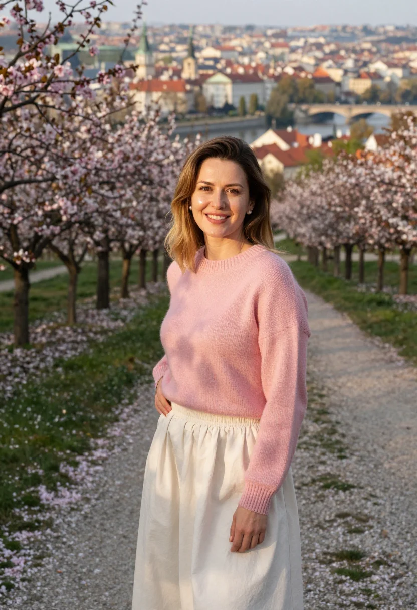 AI prague petrin cherry april pink date sample — portrait of a woman, a woman in her late twenties of Czech a