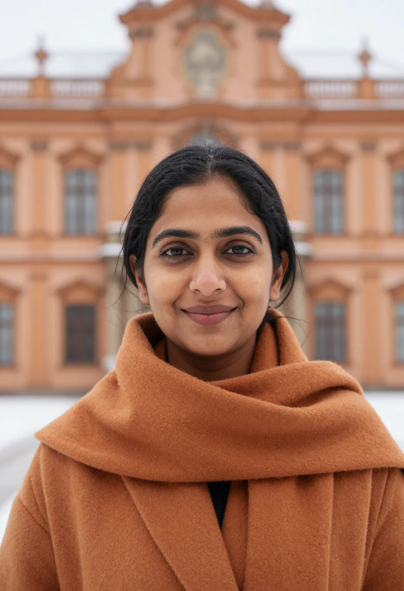 AI prague snow ochre sample — portrait of a woman, close headshot of a South-Asian woman i