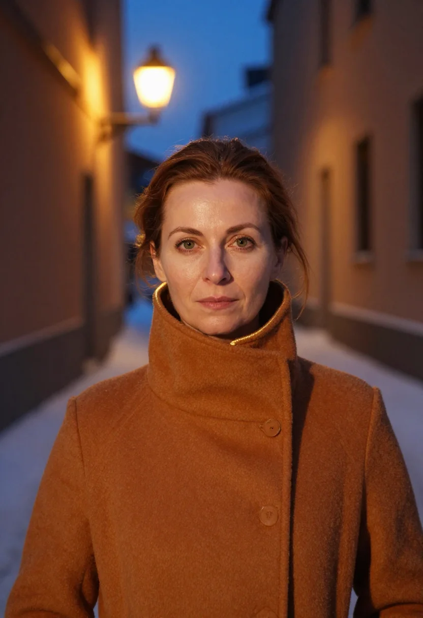 AI prague snow ochre sample — portrait of a woman, head-and-shoulders portrait of a Wester