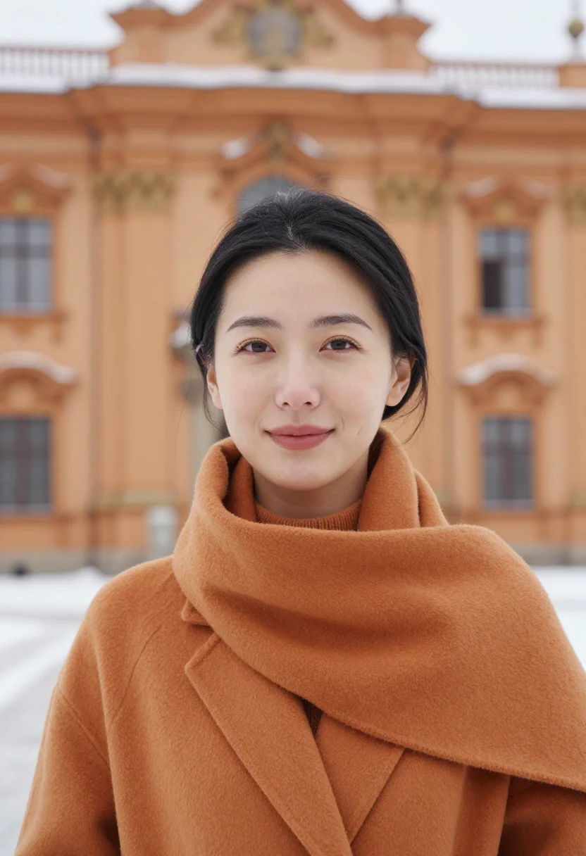 AI prague snow ochre sample — portrait of a woman, head-and-shoulders portrait of an East-