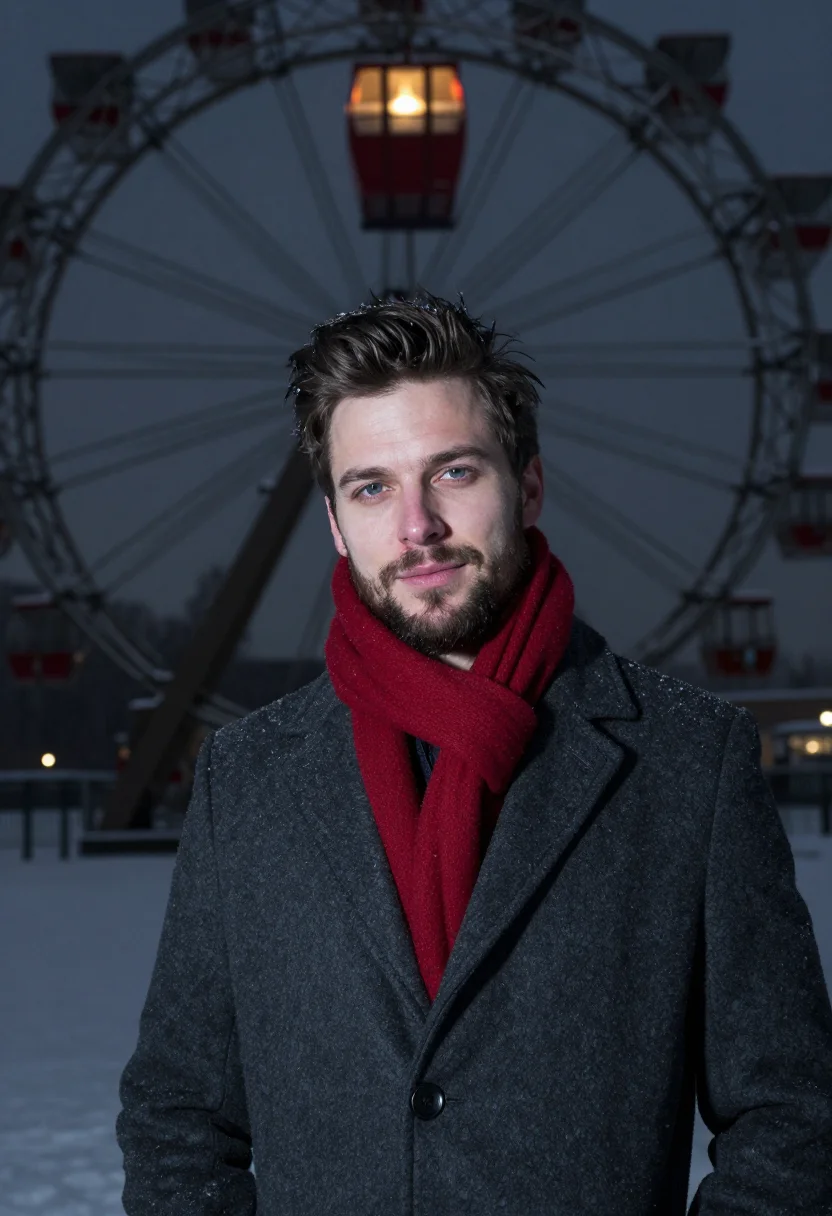 AI prater riesenrad night red sample — portrait of a man, framed tight, head and shoulders, the bod