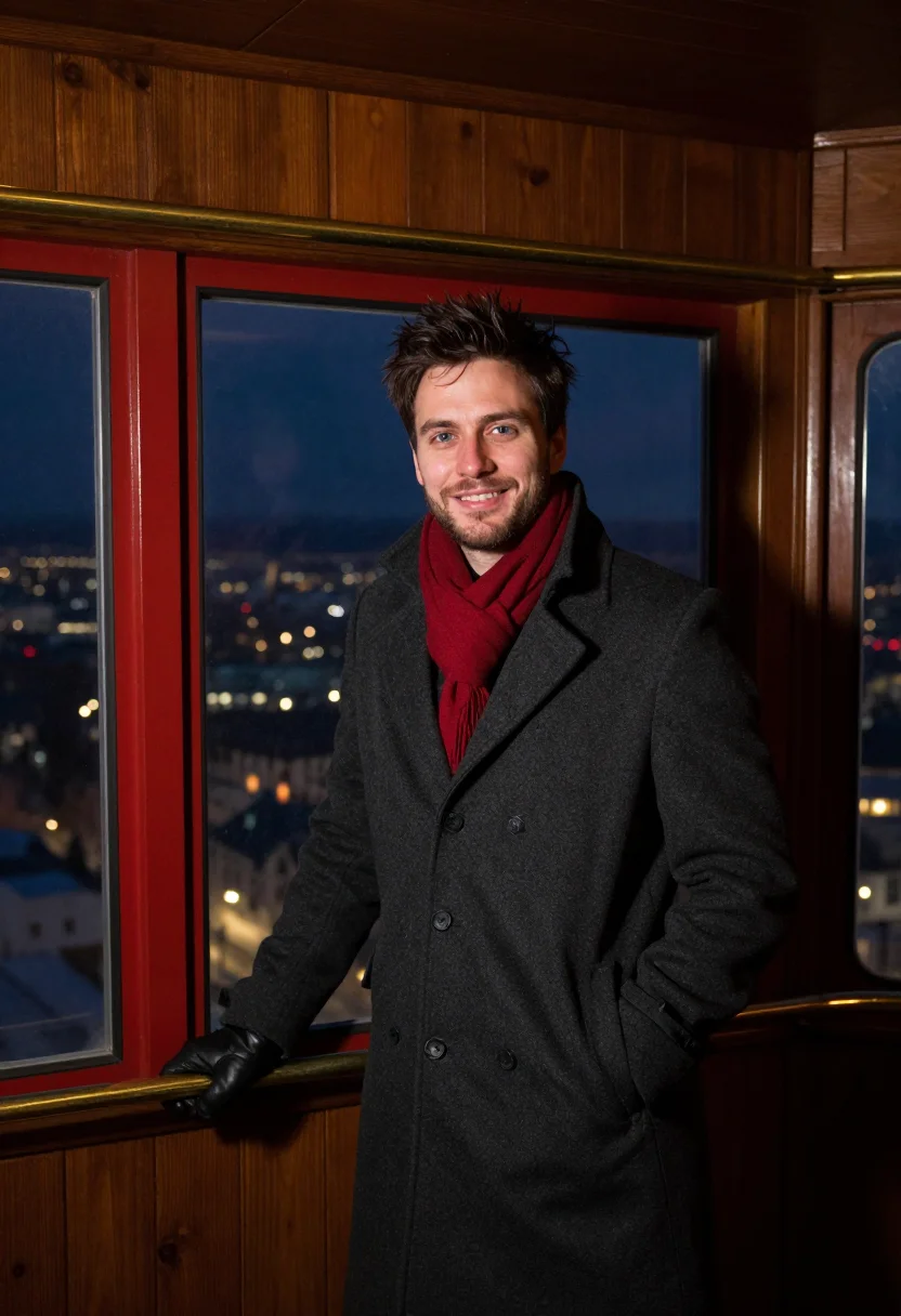 AI prater riesenrad night red sample — portrait of a man, framed half-length from the waist up, the