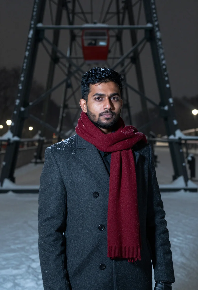 AI prater riesenrad night red sample — portrait of a man, framed tight, head and shoulders, the bod