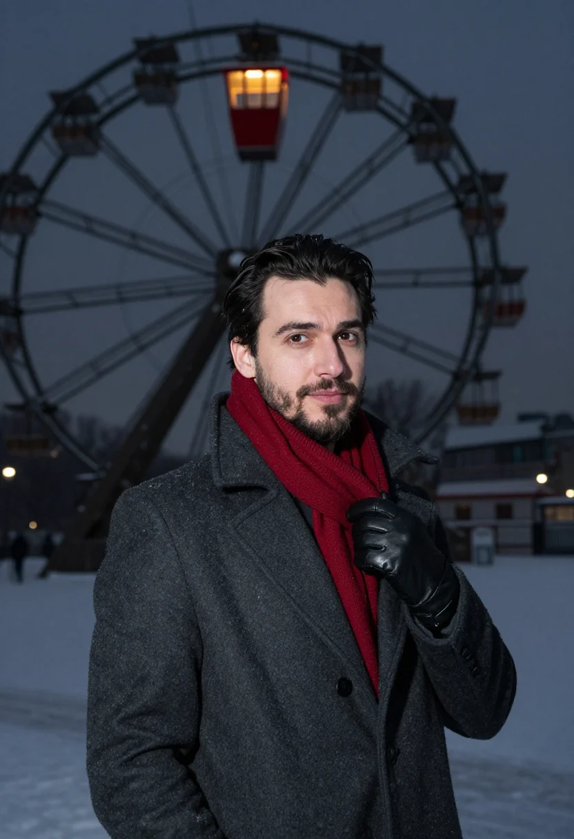 AI prater riesenrad night red sample — portrait of a man, framed chest-up, the crop at the ribs, th