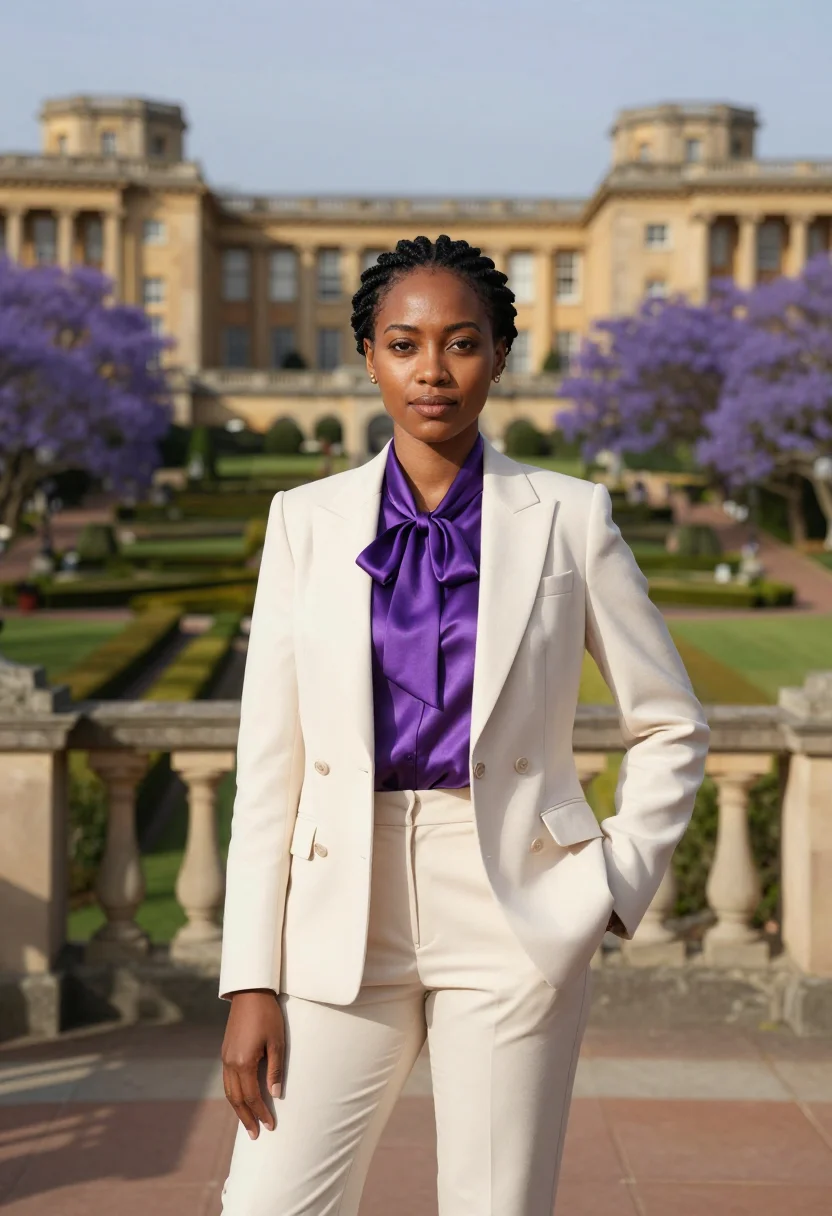 AI pretoria diplomat jacaranda sandstone sample — portrait of a woman, a Venda diplomat in her mid-thirties wi