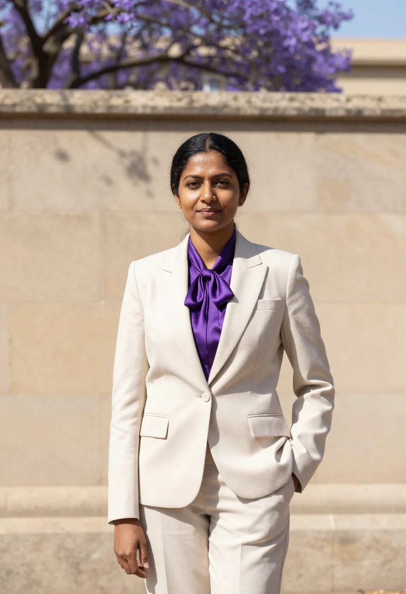 AI pretoria diplomat jacaranda sandstone sample — portrait of a woman, an Indian South African diplomat in her