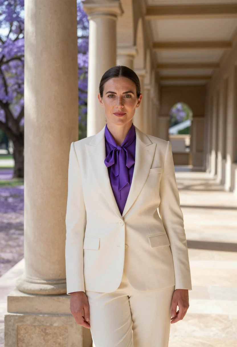 AI pretoria diplomat jacaranda sandstone sample — portrait of a woman, a white South African diplomat in her e