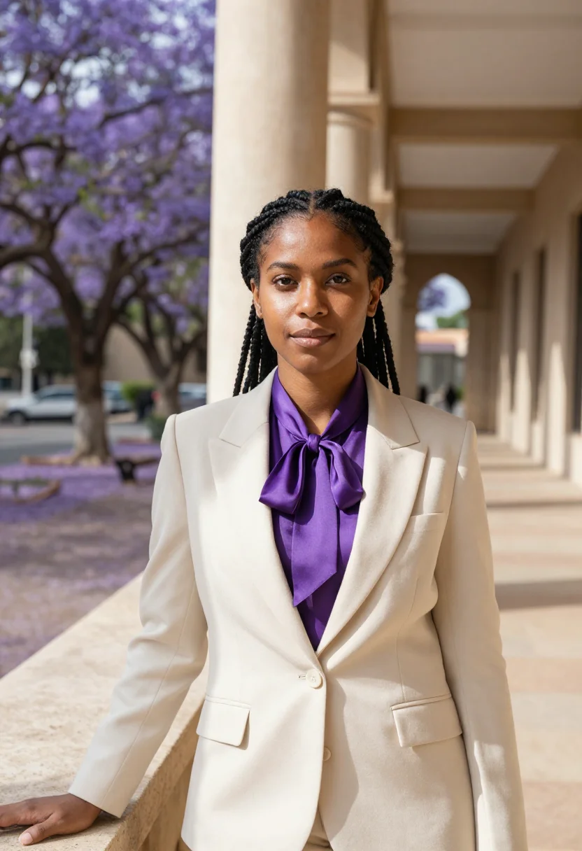 AI pretoria diplomat jacaranda sandstone sample — portrait of a woman, a Pedi diplomat in her early thirties w