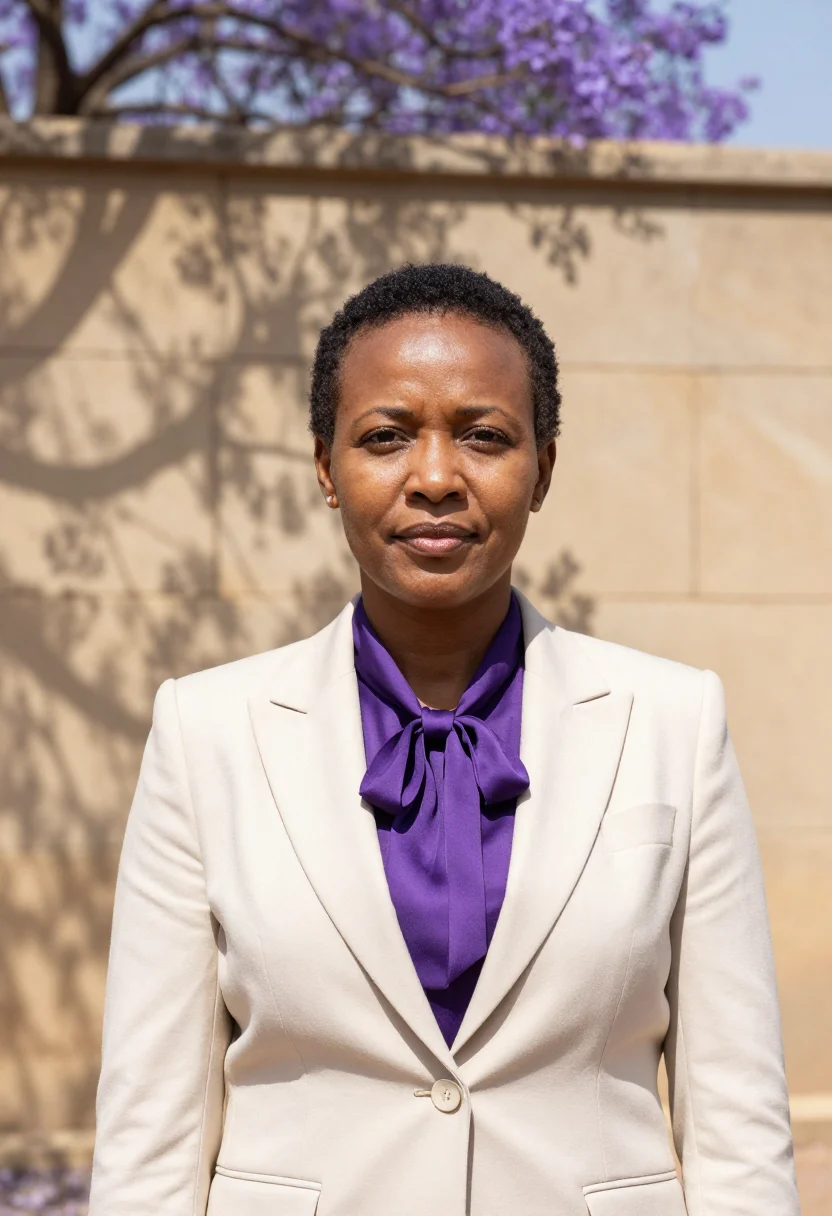 AI pretoria diplomat jacaranda sandstone sample — portrait of a woman, a Tswana diplomat in her mid-forties wi