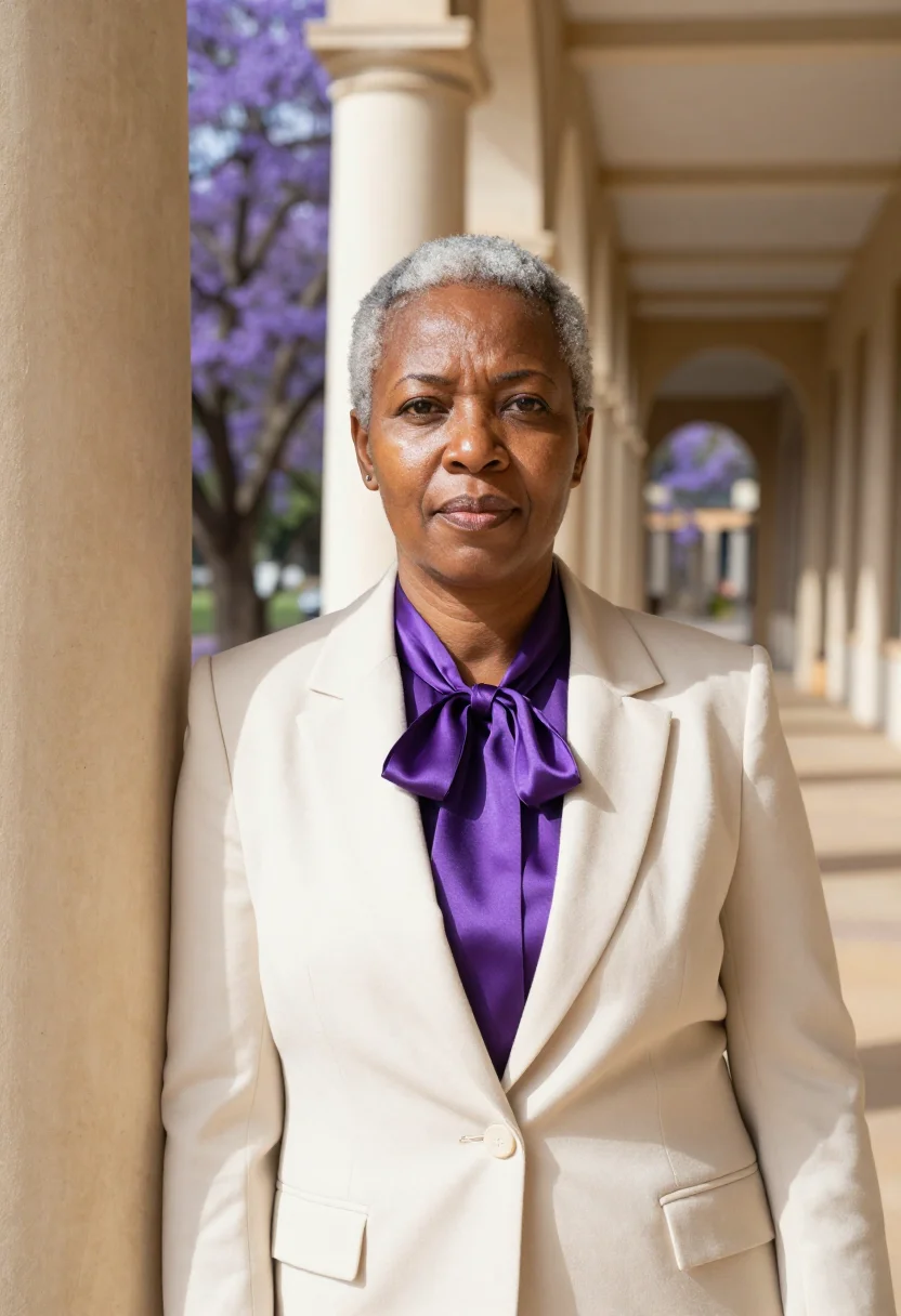 AI pretoria diplomat jacaranda sandstone sample — portrait of a woman, a Xhosa diplomat in her late fifties wi