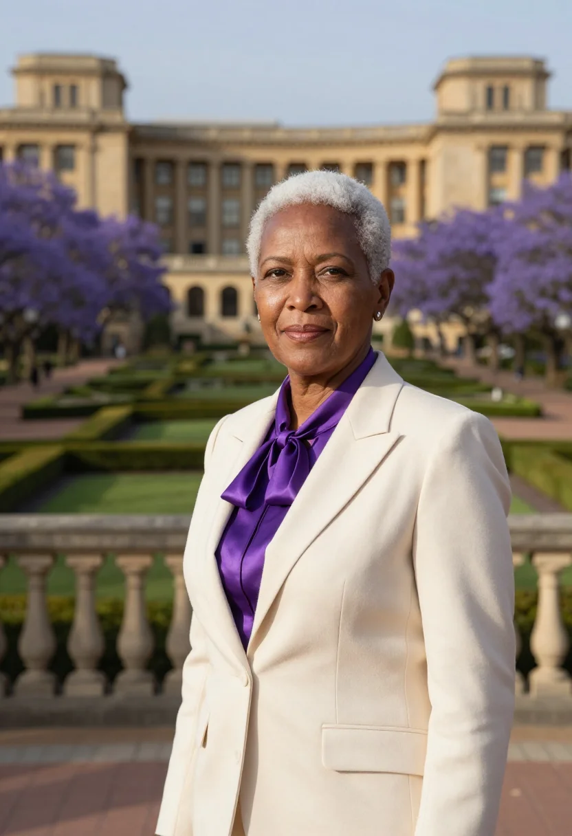 AI pretoria diplomat jacaranda sandstone sample — portrait of a woman, a Sotho diplomat in her mid-sixties wit