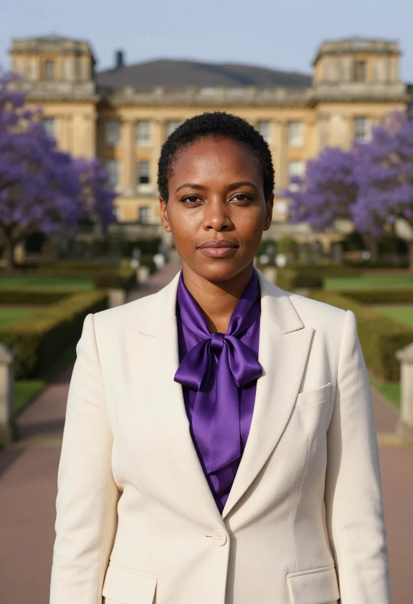 AI pretoria diplomat jacaranda sandstone sample — portrait of a woman, a Zulu diplomat in her early forties wi