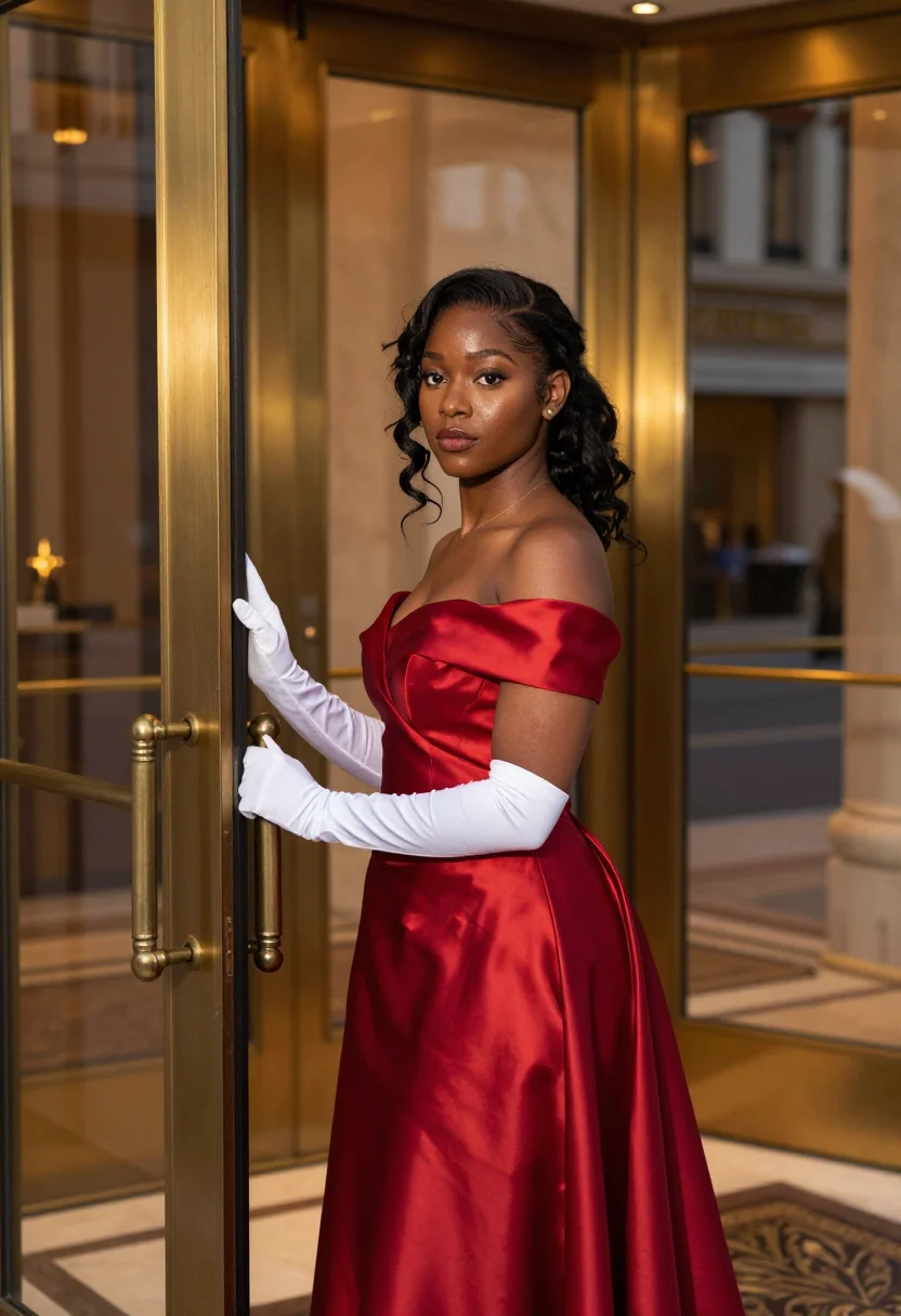 AI pretty woman beverly wilshire red gown sample — portrait of a woman, a Black British woman in her late twent