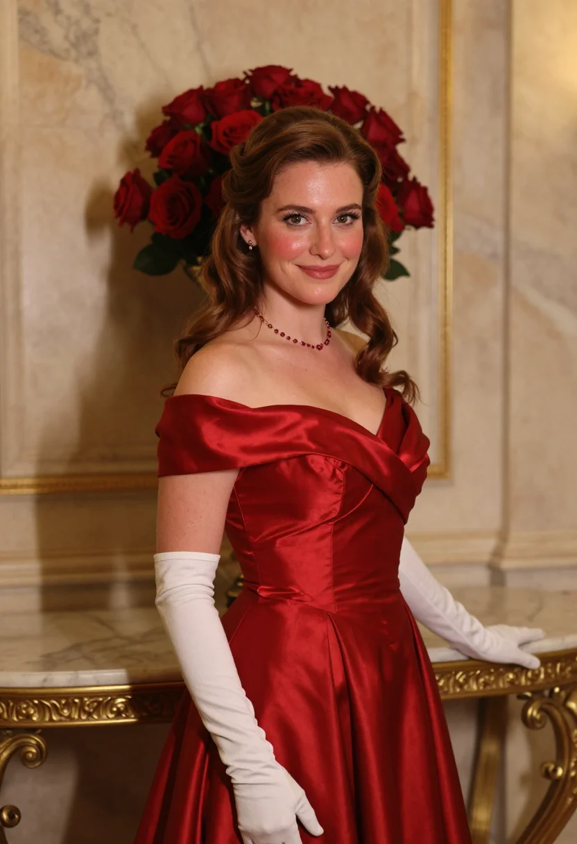 AI pretty woman beverly wilshire red gown sample — portrait of a woman, an English woman in her early thirties