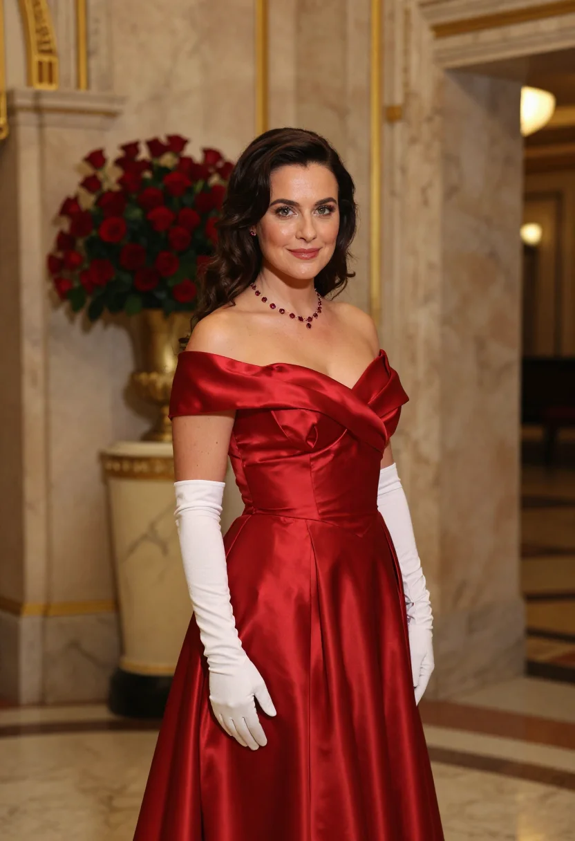 AI pretty woman beverly wilshire red gown sample — portrait of a woman, a French woman in her mid-thirties with